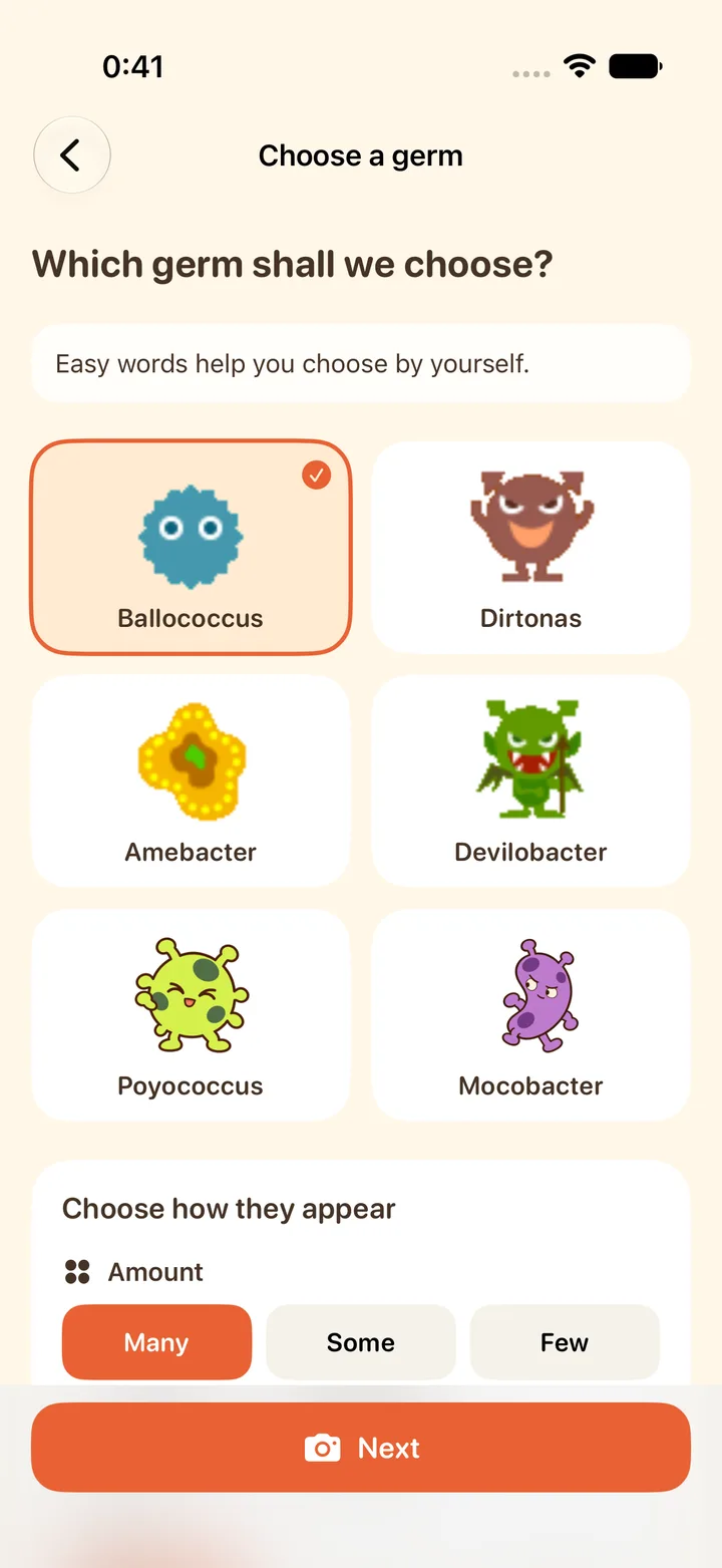 GERM CAMERA germ character selection screen