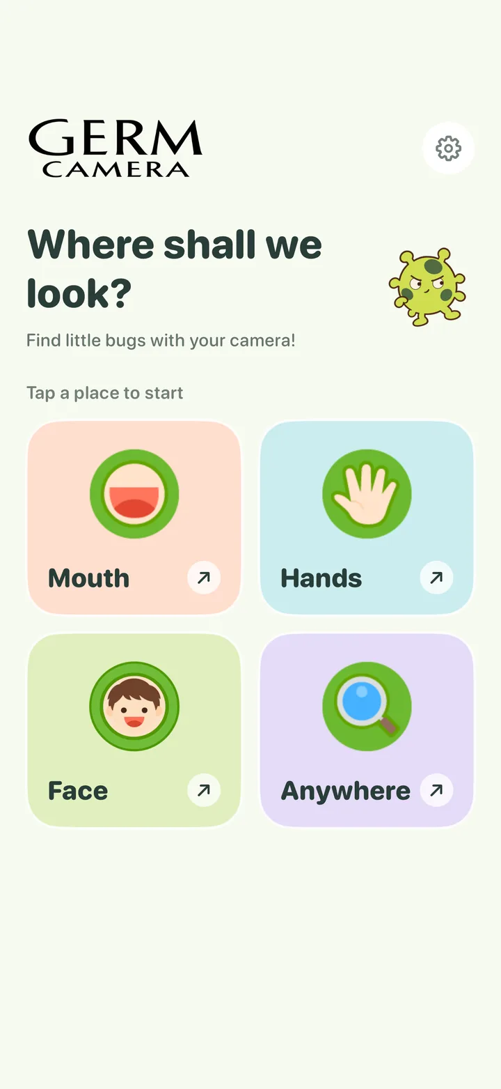 GERM CAMERA home screen: choose mouth, hand, face or whole picture