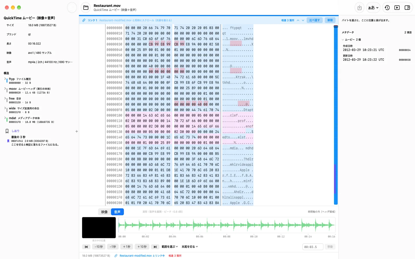Hextage で 2 つのウィンドウをリンクし、違うバイトを赤く表示