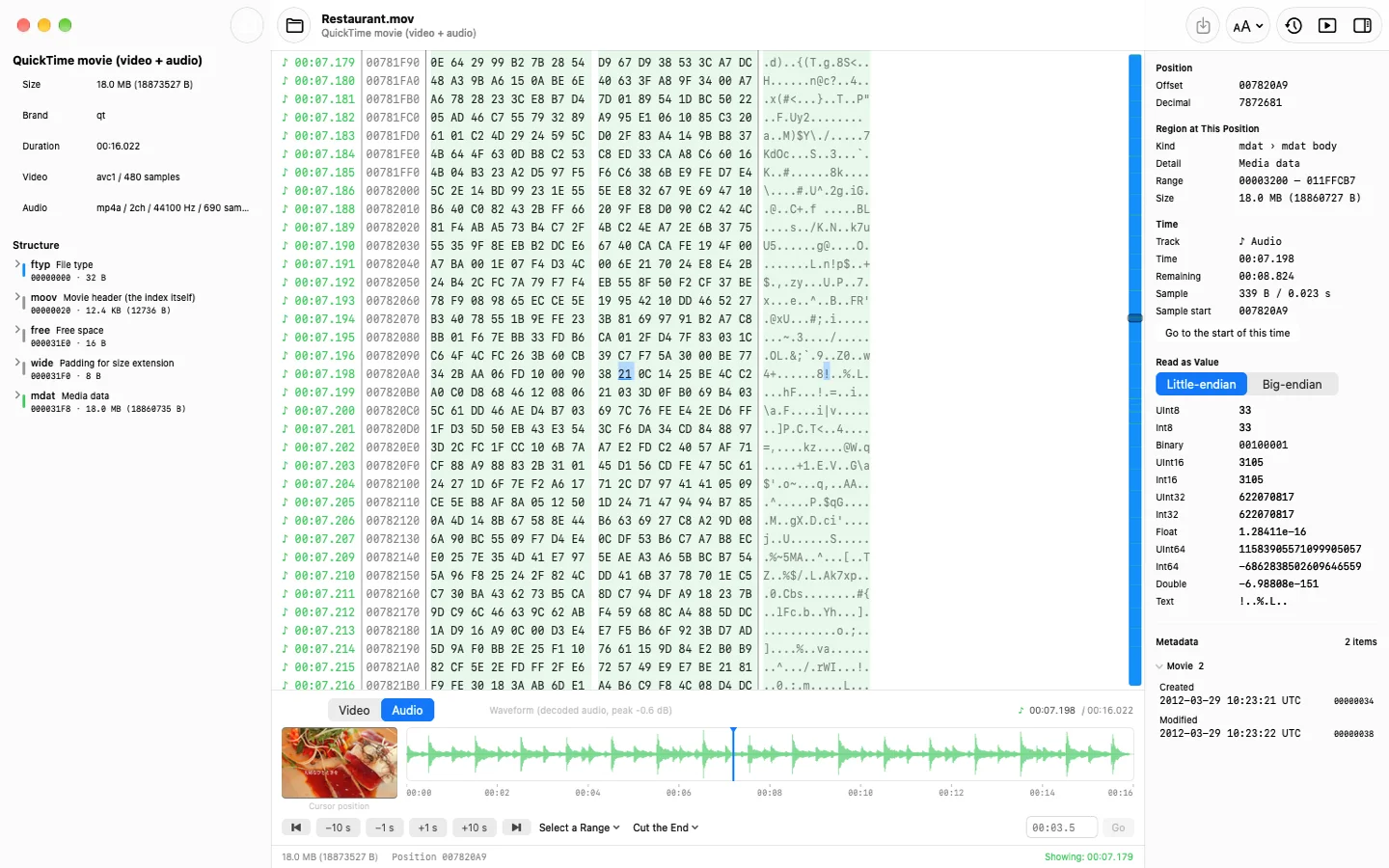 Hextage main window: time column on the left of the dump, audio waveform below, position and value inspector on the right