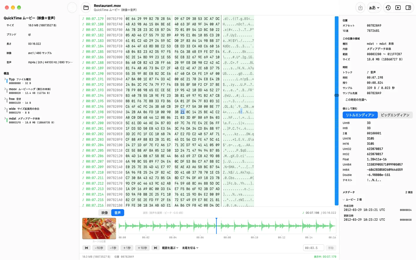 Hextage の画面。ダンプの左端に時刻カラム、下に音声の波形、右に位置と値のインスペクタ