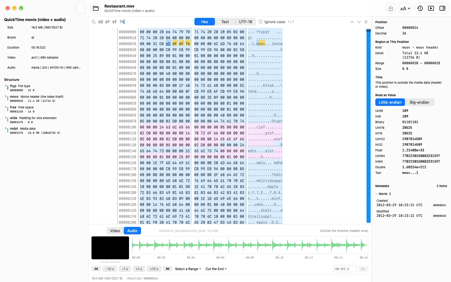 Hextage search: a hex pattern for moov with the match highlighted in yellow